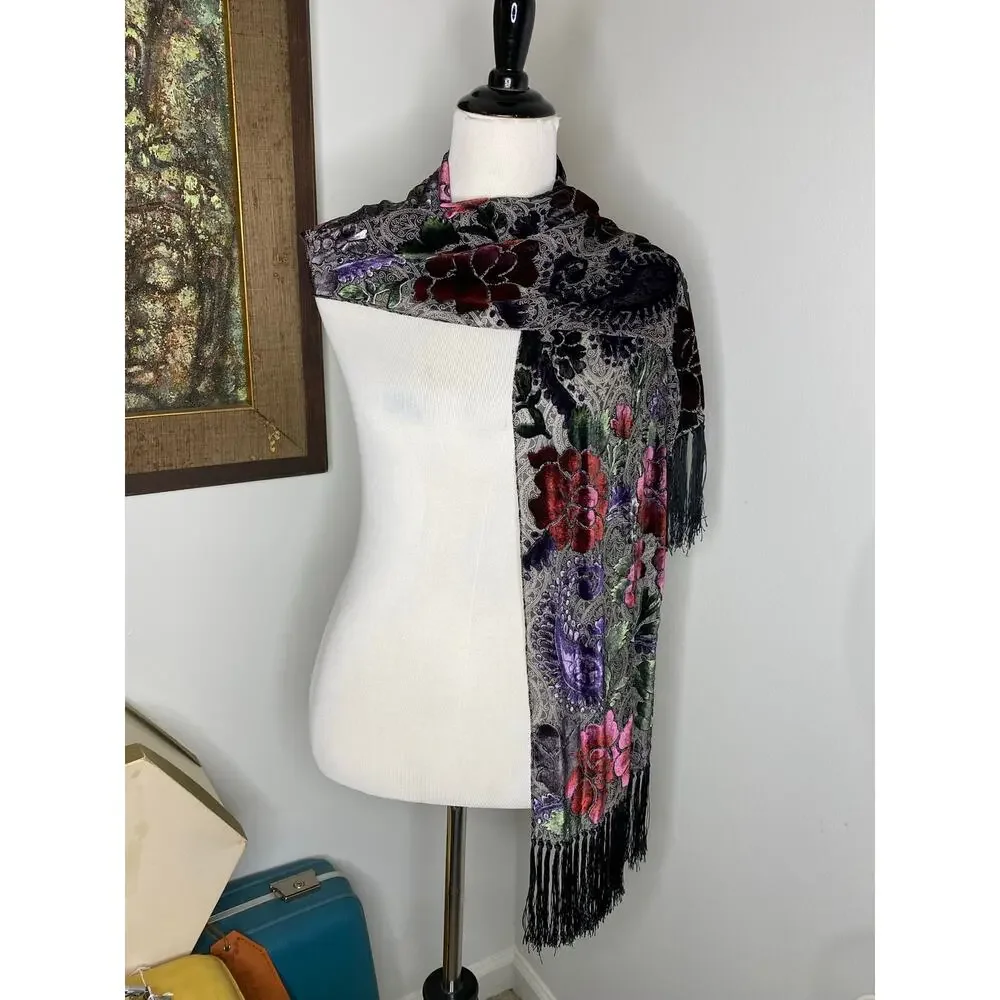Floral Paisley Burnout Velvet Scarf Fringe Burgundy Purple Black 62”